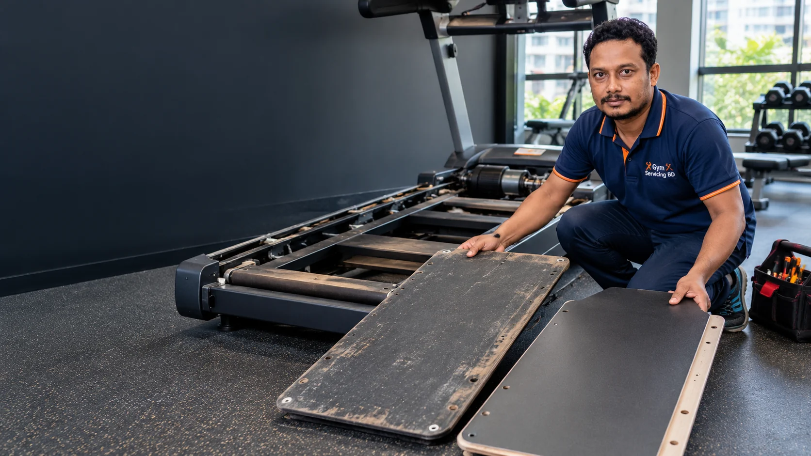 Illustrative technician comparing a worn treadmill running deck with a clean replacement panel beside a stopped machine