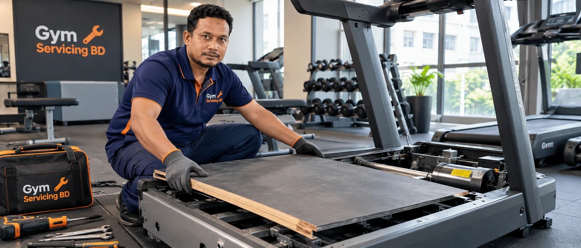 Illustrative technician preparing a treadmill frame and deck panel with tools beside the stopped machine