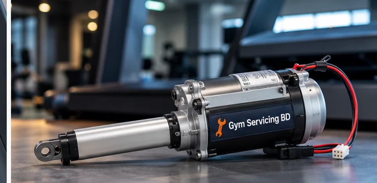 Illustrative incline actuator on a workshop surface showing its rod, motor body, connector and wiring