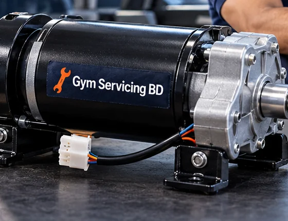 Close detail of an illustrative treadmill lift motor housing, gearbox, support brackets and cable connector