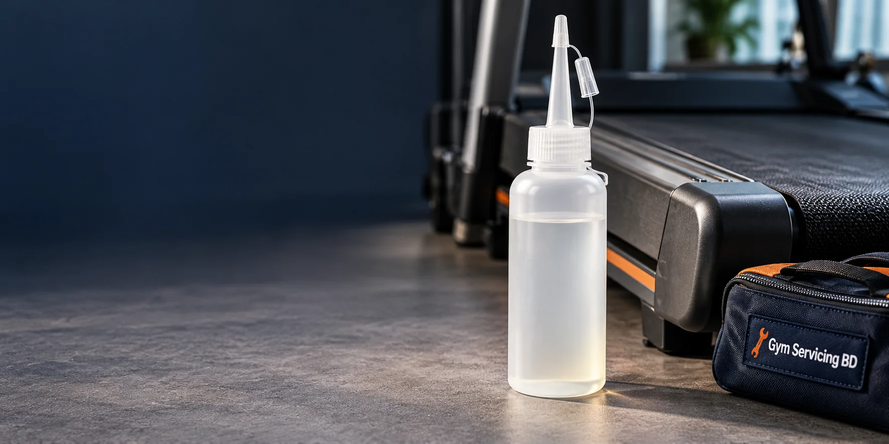 Unlabelled lubricant applicator bottle beside an idle treadmill and a Gym Servicing BD tool pouch