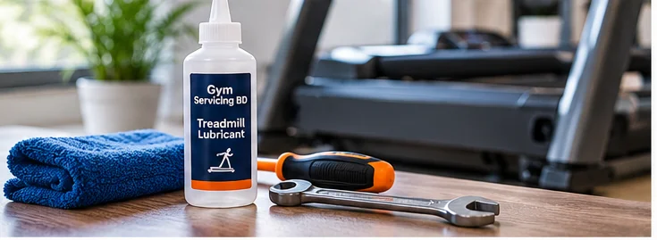 Illustrative treadmill lubricant bottle beside a cloth, hand tool and stationary treadmill