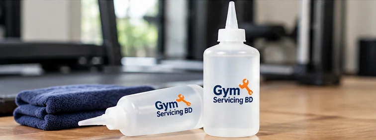 Close view of two illustrative lubricant applicator bottles beside a folded cloth