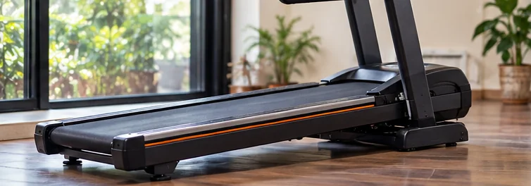 Stationary home treadmill showing the walking belt, deck and front motor housing