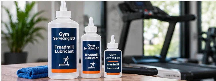 Illustrative group of lubricant bottles beside a treadmill and cleaning cloth