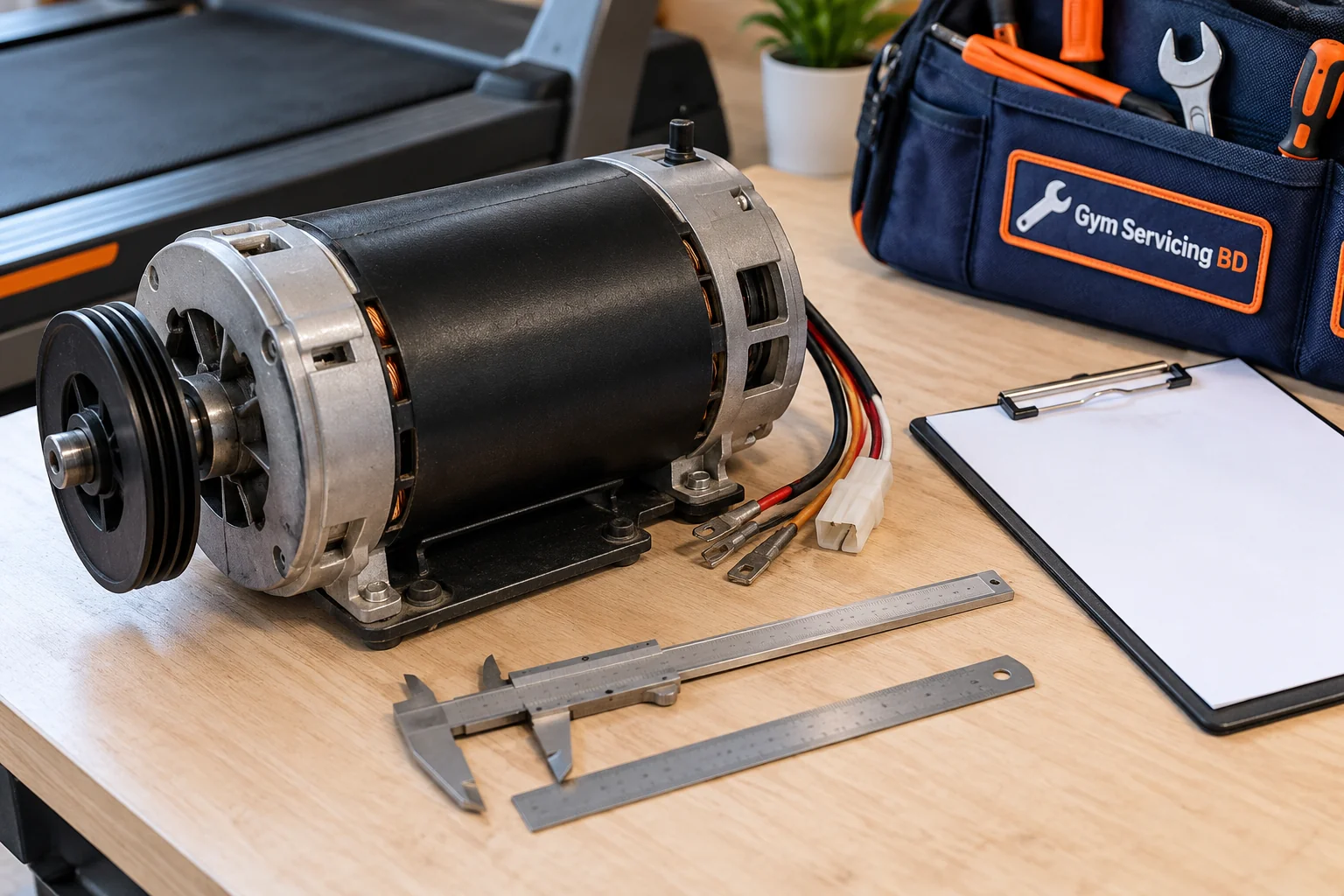Treadmill drive motor beside a ruler, calipers and blank model-check sheet on a workbench
