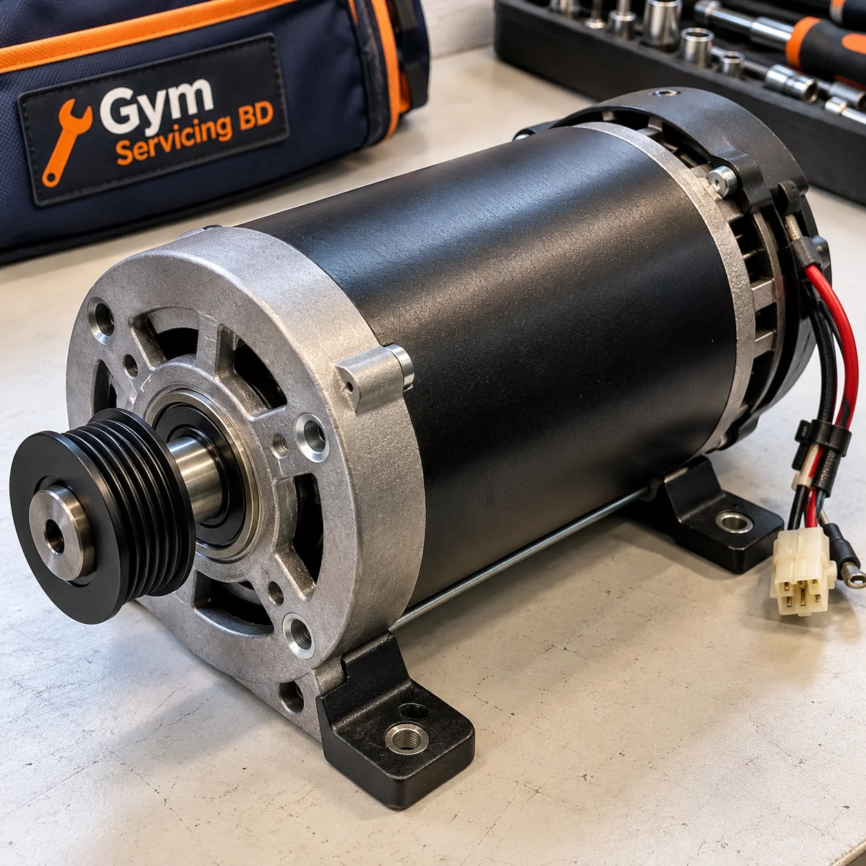 Close view of a treadmill drive motor shaft, multi-rib pulley, mounting feet and wiring connectors
