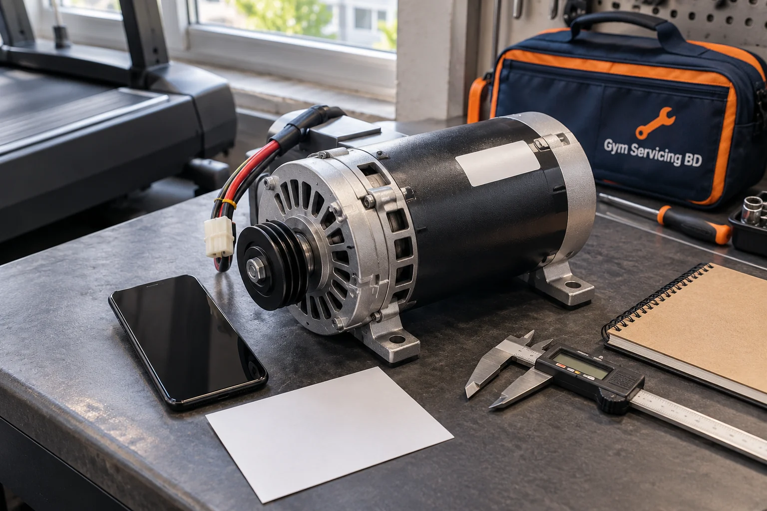 Motor with blank smartphone, empty information sheet and measuring tools ready for a compatibility enquiry