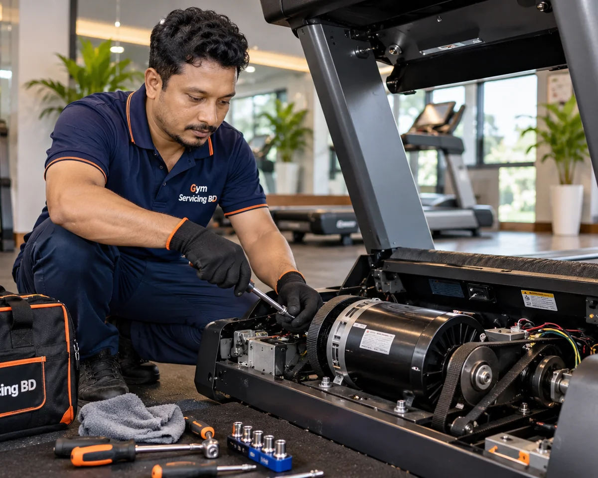Technician and treadmill motor assembly illustrating a technical enquiry before repair