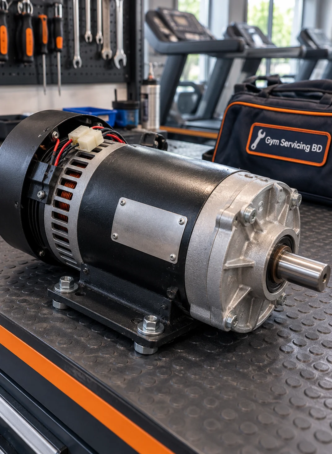 Close view of a removed treadmill drive motor showing its mounting base, output shaft and unmarked plate