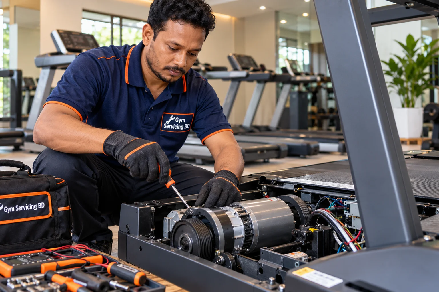 Technician examining a treadmill motor assembly as part of a possible repair scope review