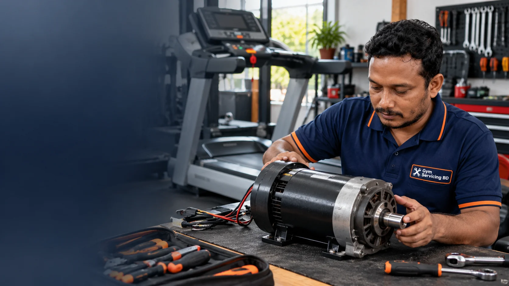 Technician checking a removed treadmill drive motor on a workbench in an illustrative gym service setting