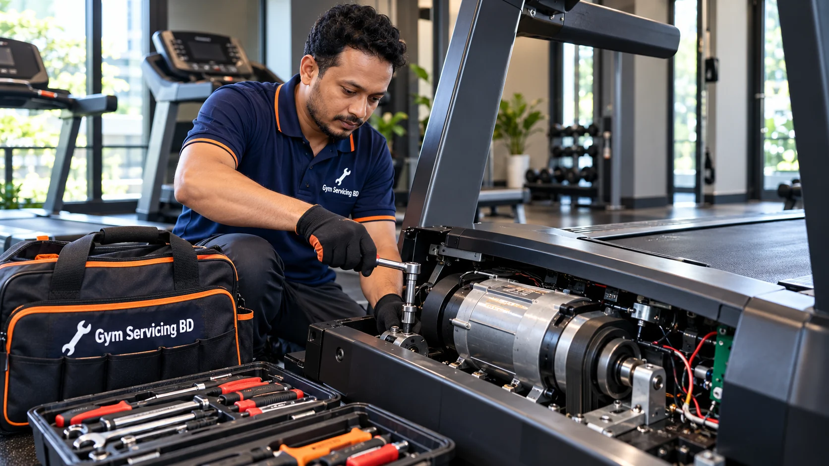 Technician preparing tools beside a stationary treadmill drive assembly