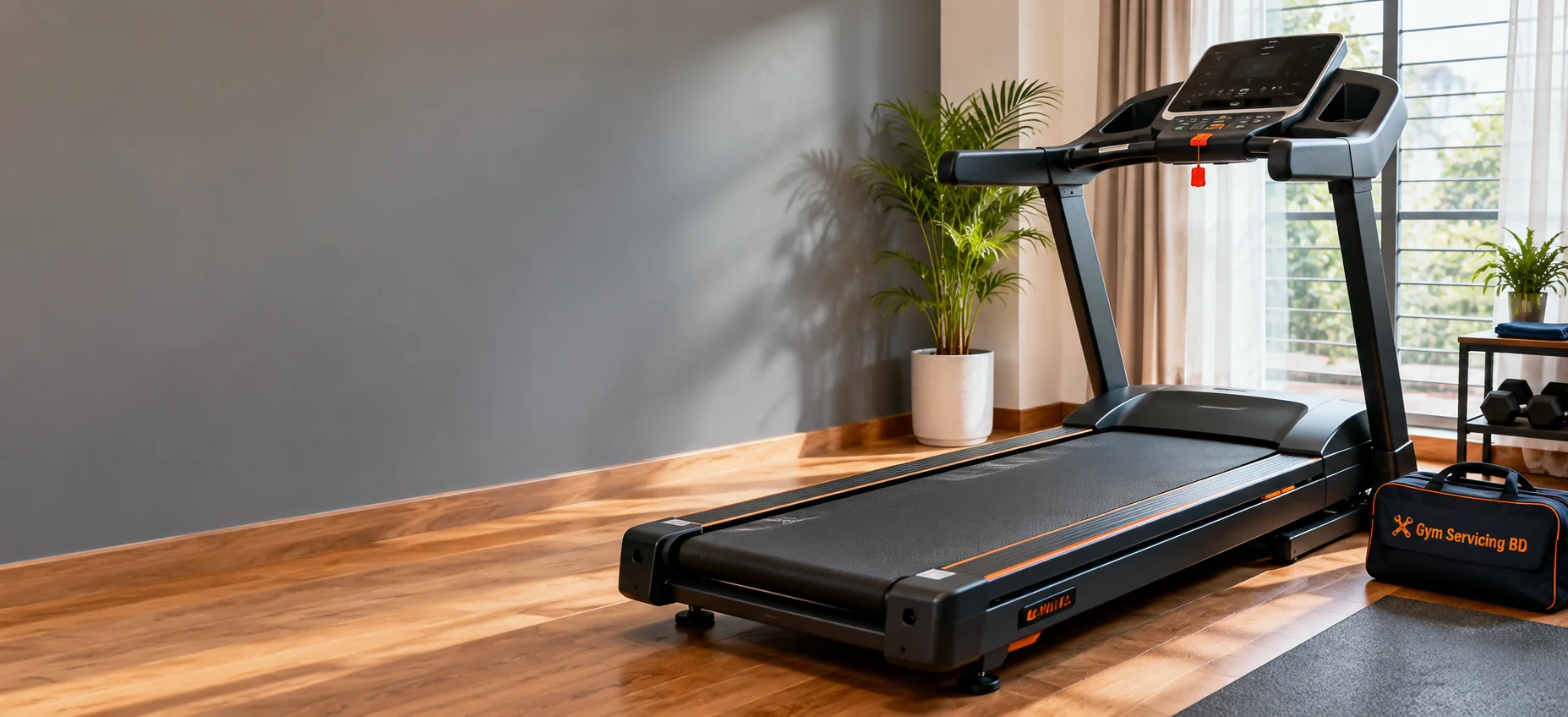 Motorized treadmill in a bright home exercise space, with a Gym Servicing BD tool bag beside it