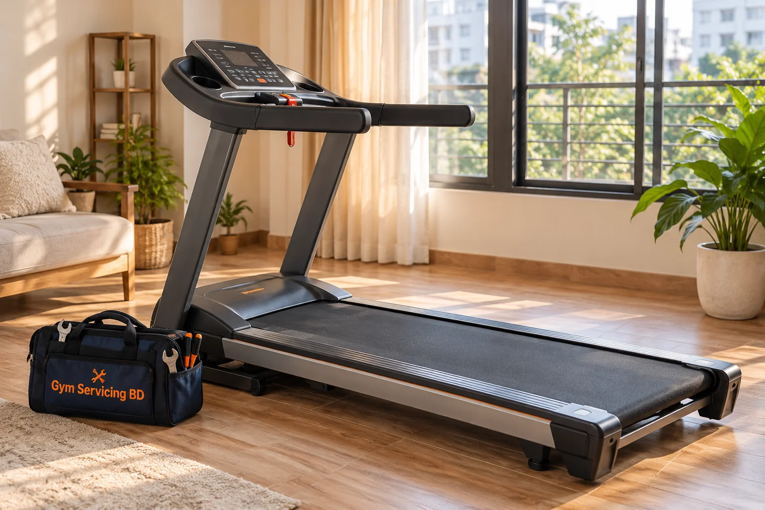 Motorized treadmill positioned near windows in a home workout room