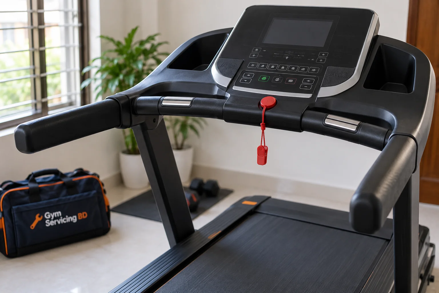 Close view of a motorized treadmill console, controls and safety key