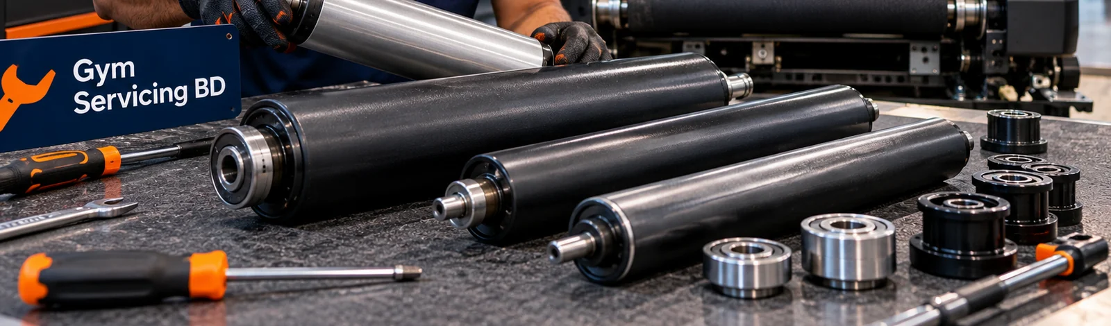 Treadmill roller assemblies and separate bearing parts arranged on a Gym Servicing BD workbench