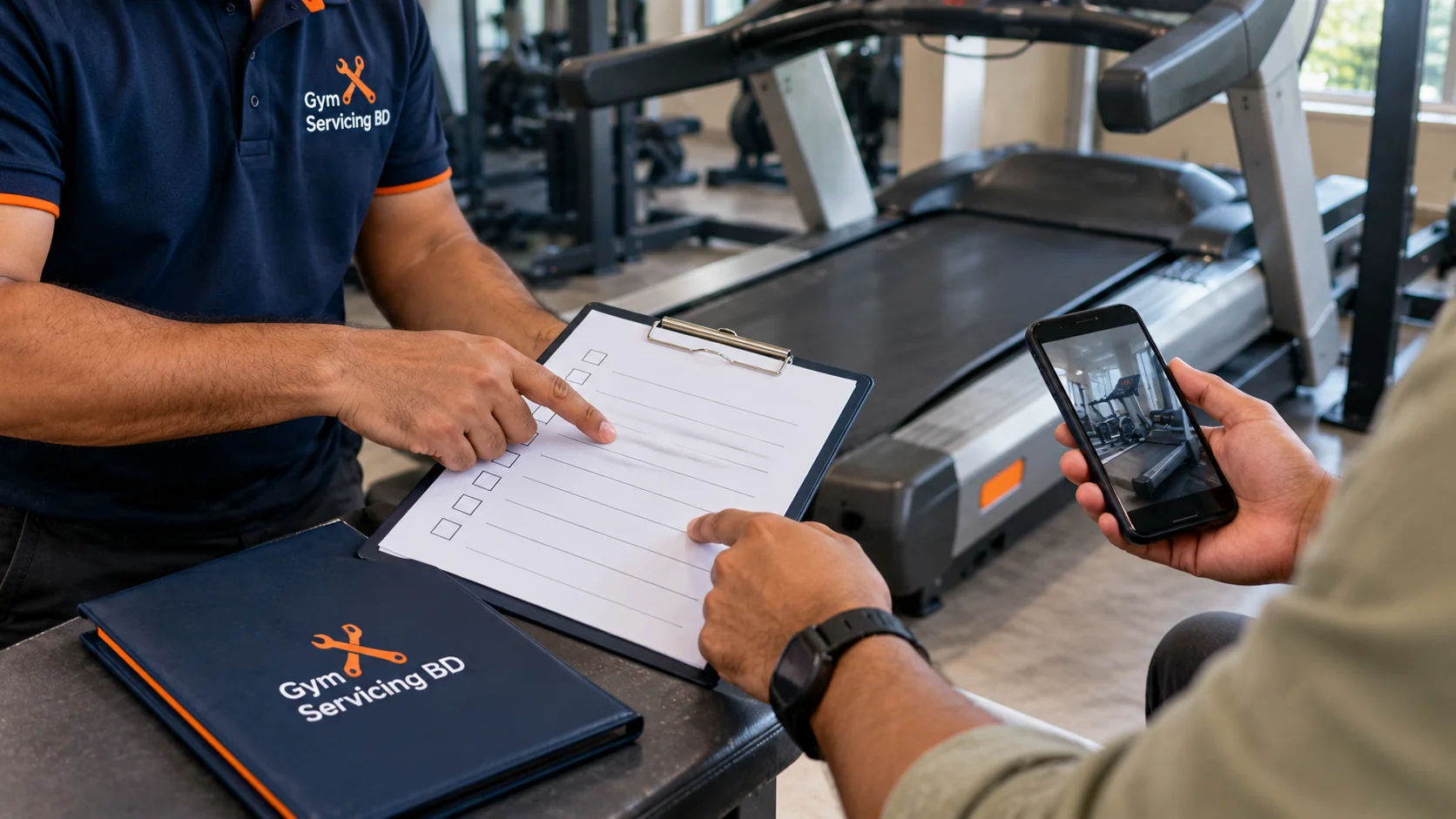 Close-up of an inspection checklist, a phone showing a treadmill and a branded service folder