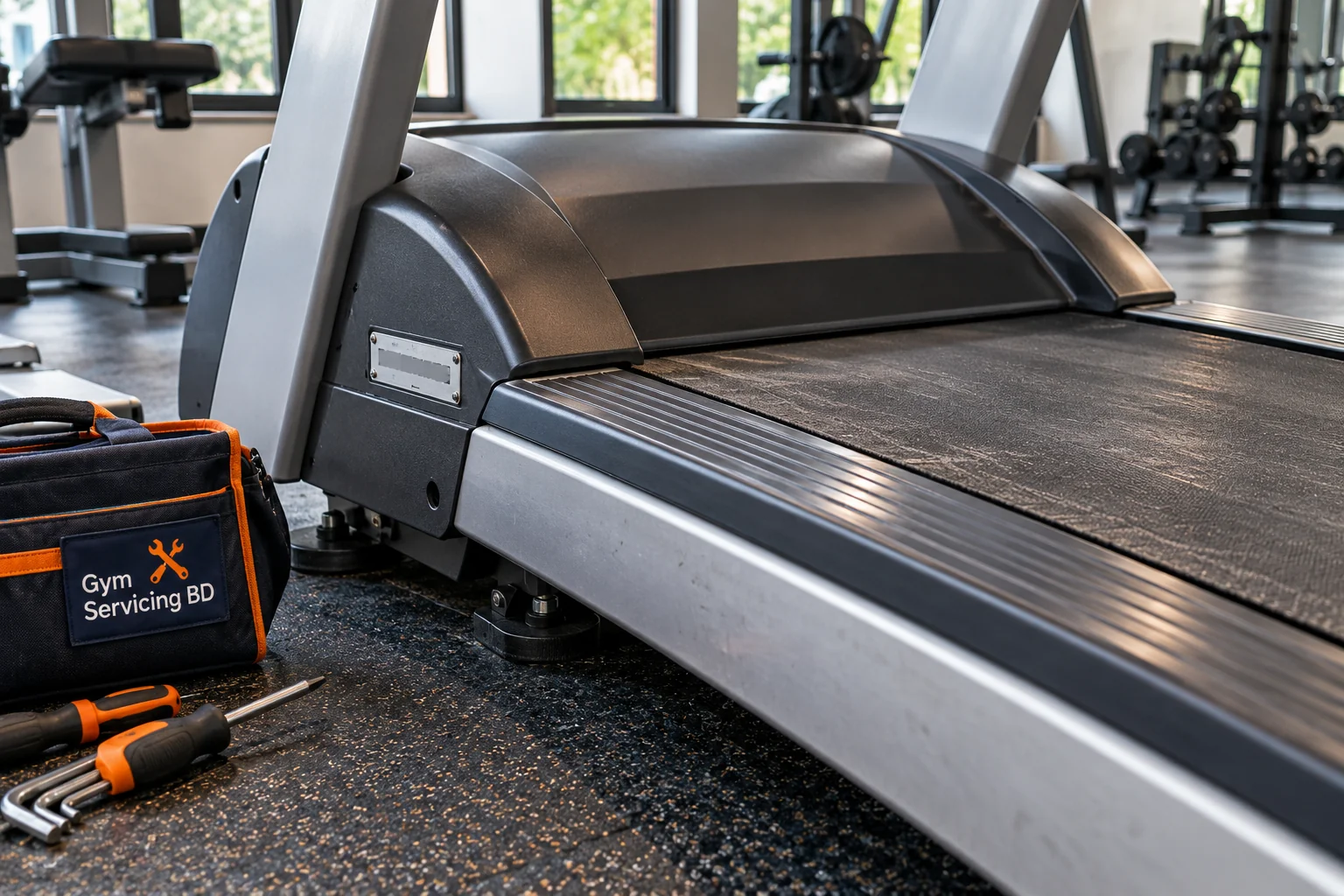 Close view of a treadmill belt edge, front housing, model plate and branded tool bag