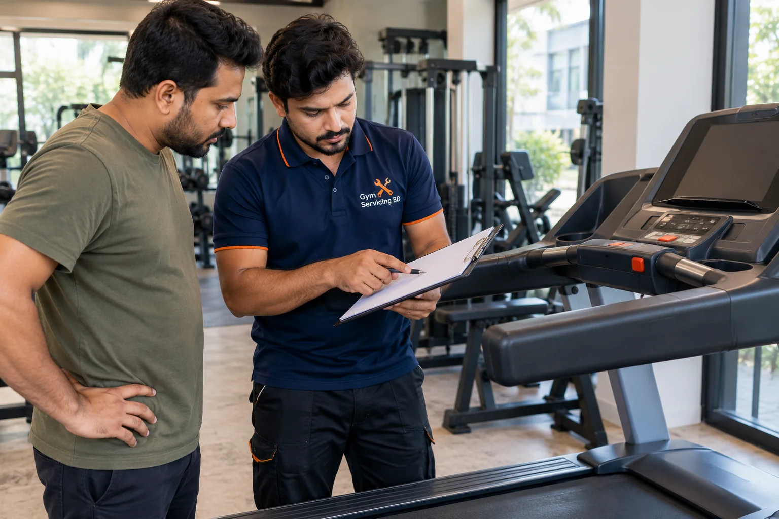 A buyer and technician discussing treadmill condition beside the console with a blank clipboard
