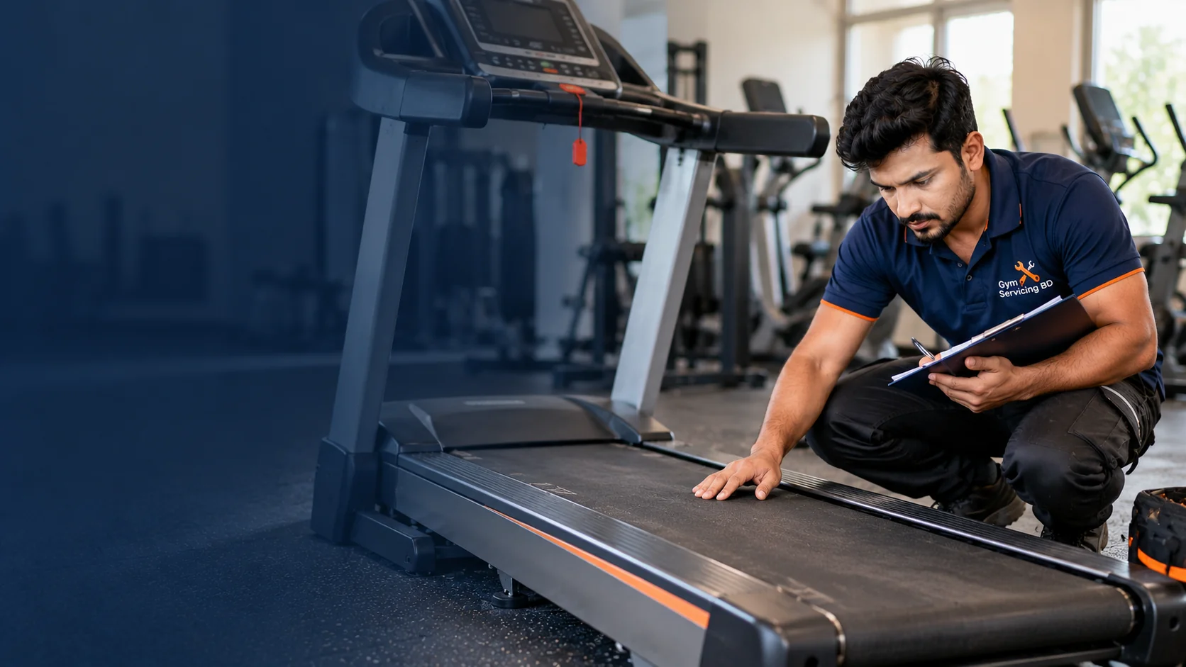 Technician inspecting a used treadmill running belt and recording notes in a gym