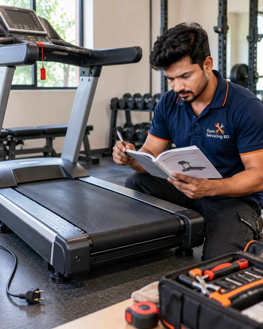 Technician checking a treadmill manual and preparing tools beside an unplugged machine
