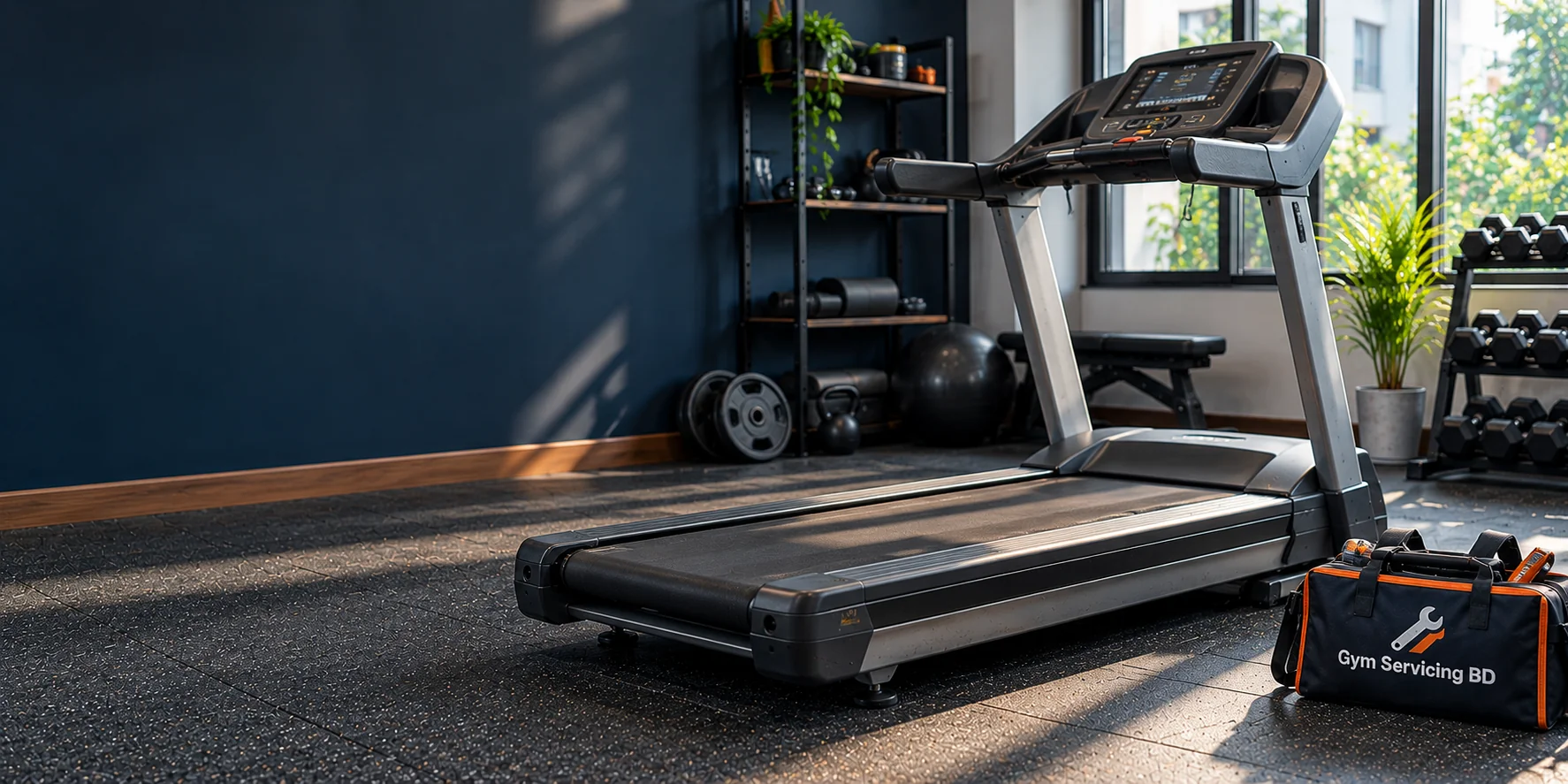 An older silver and black treadmill in a tidy workout room, with a Gym Servicing BD tool bag by its base