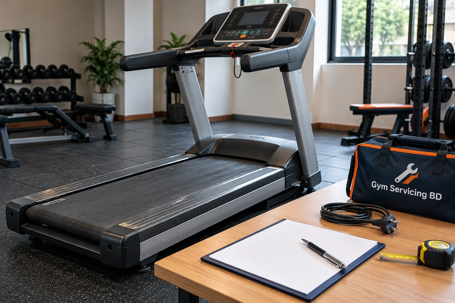 Used-style treadmill beside a blank enquiry clipboard, coiled cable, tape measure and branded service bag