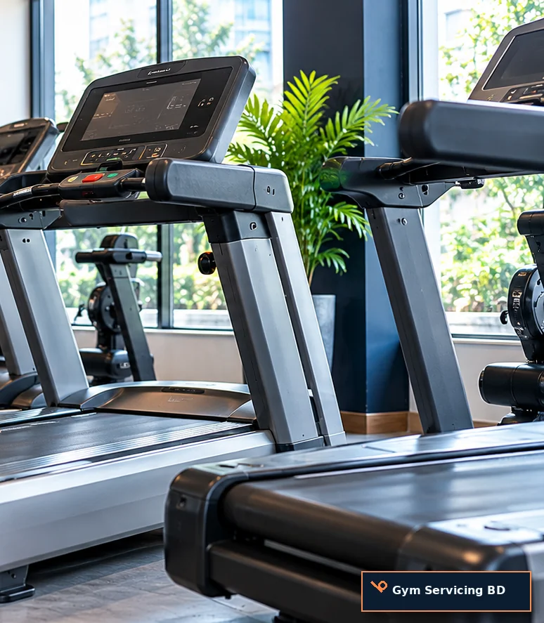 Treadmill at rest in a bright exercise room with clear space and other cardio machines behind