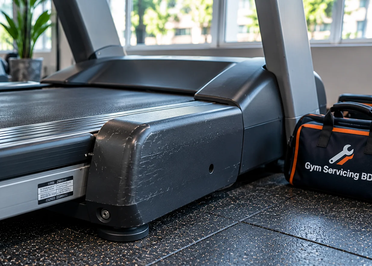 Detail of a scuffed treadmill side cover, running belt edge and model-label position beside a branded tool bag