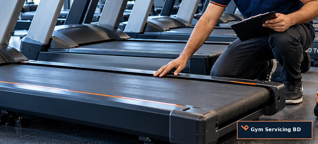 Hands checking a treadmill running belt beside a blank inspection clipboard