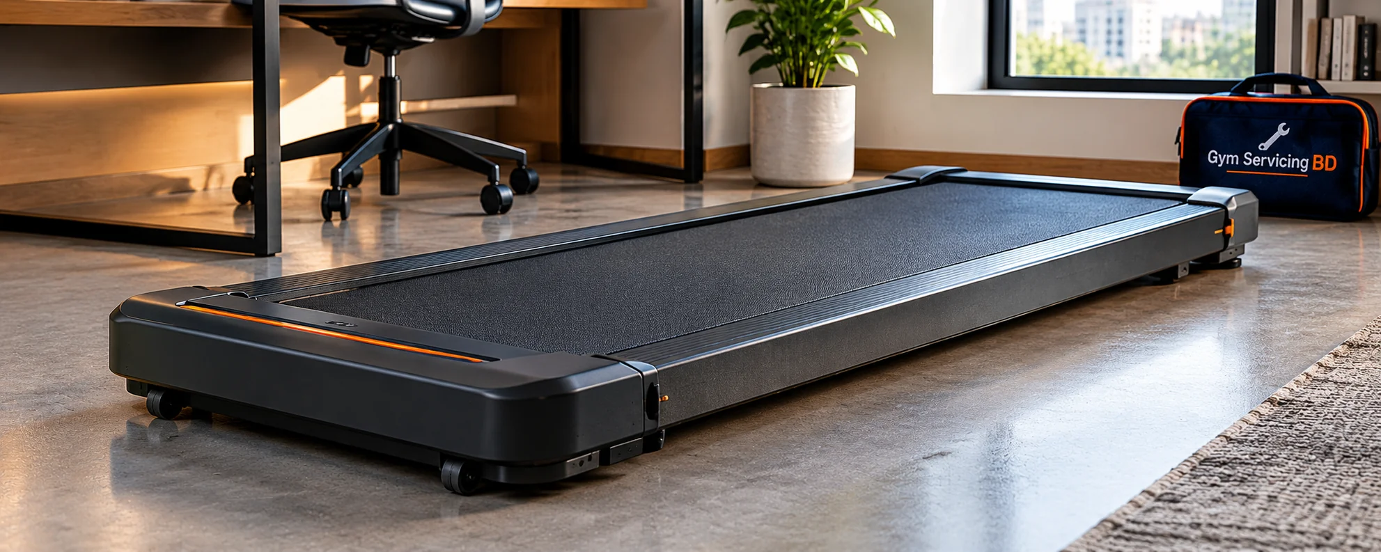 Close view of a walking pad belt, low-profile housing and transport wheels on a home office floor