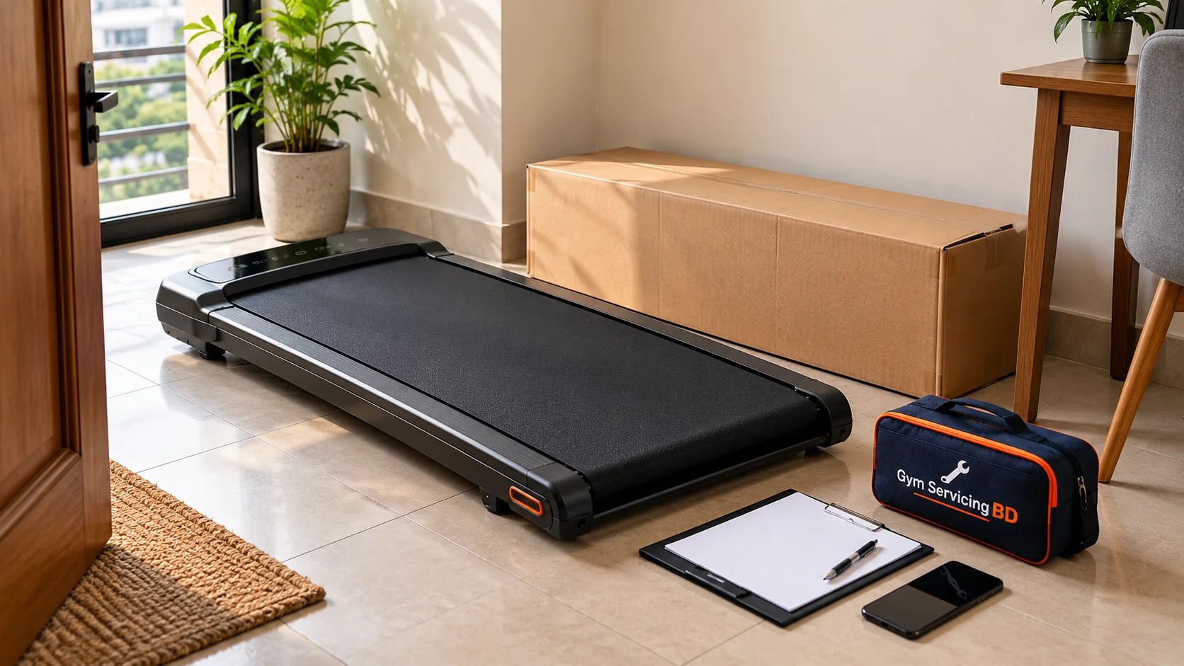 Walking pad beside an unmarked box, blank delivery papers, phone and Gym Servicing BD tool bag