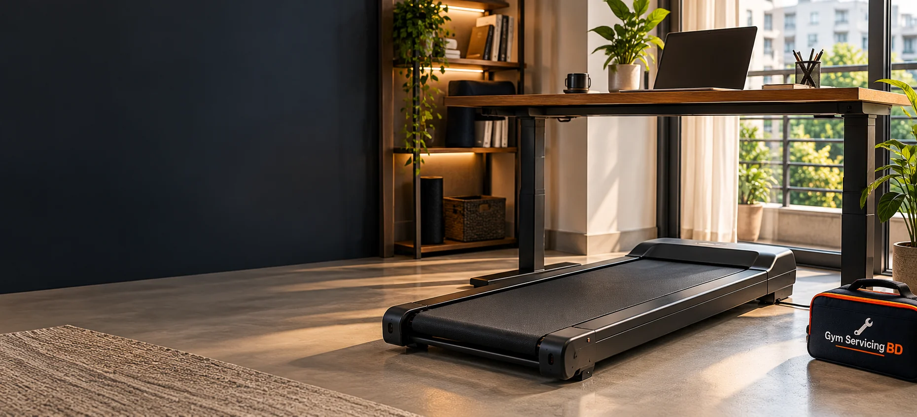 Complete walking pad below a height-adjustable standing desk in a sunlit home workspace, with a branded tool bag