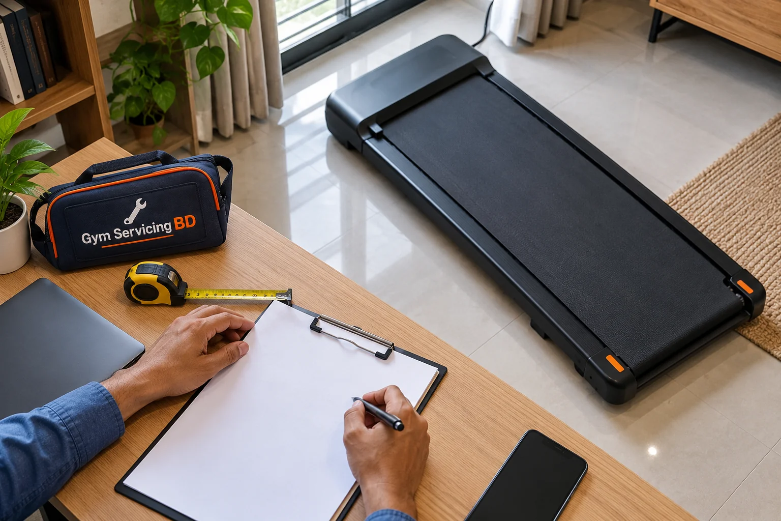 Hands reviewing a blank specification sheet and tape measure beside a compact walking pad