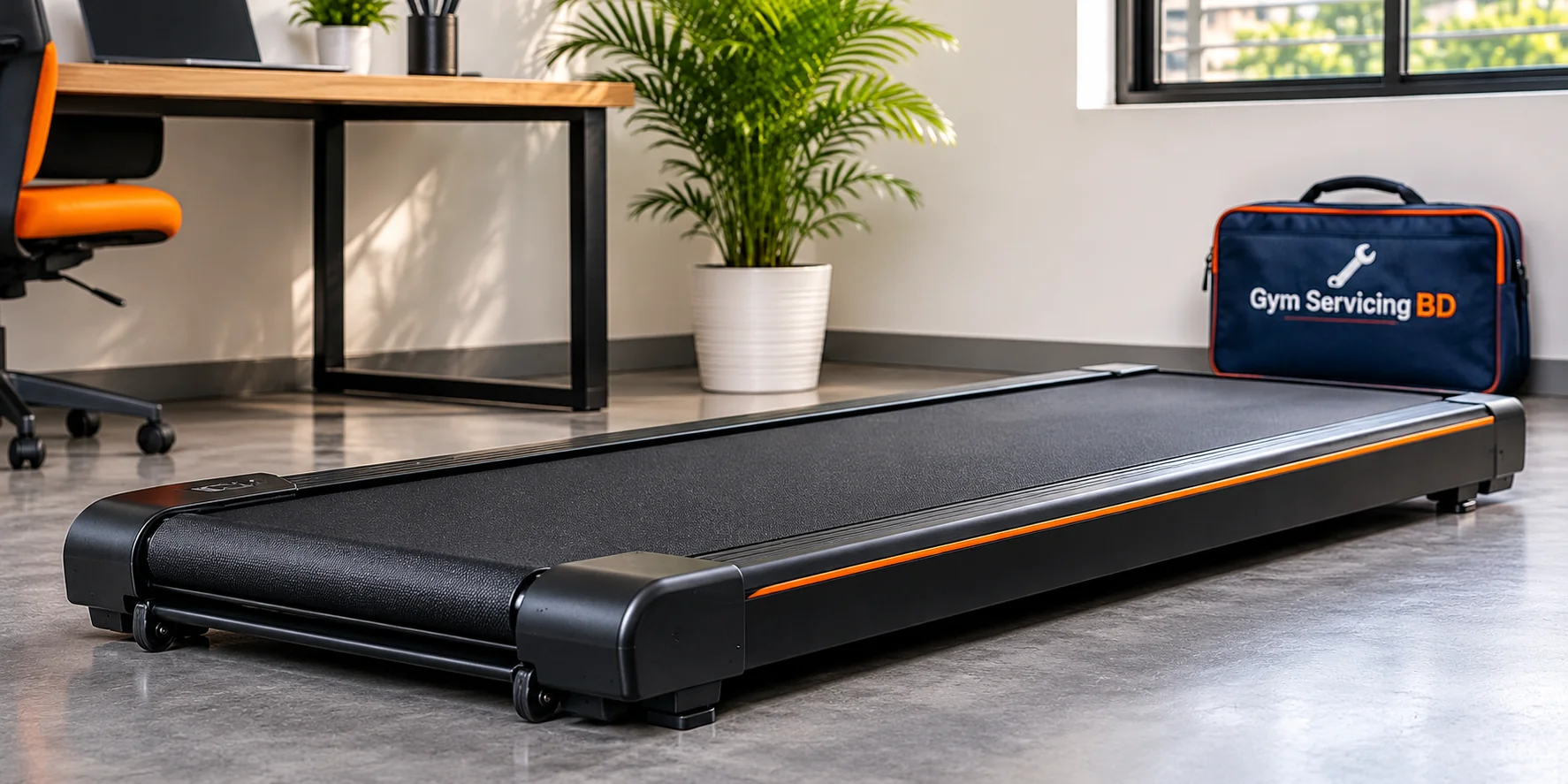 Low-profile walking pad beside a desk and chair with surrounding room access visible