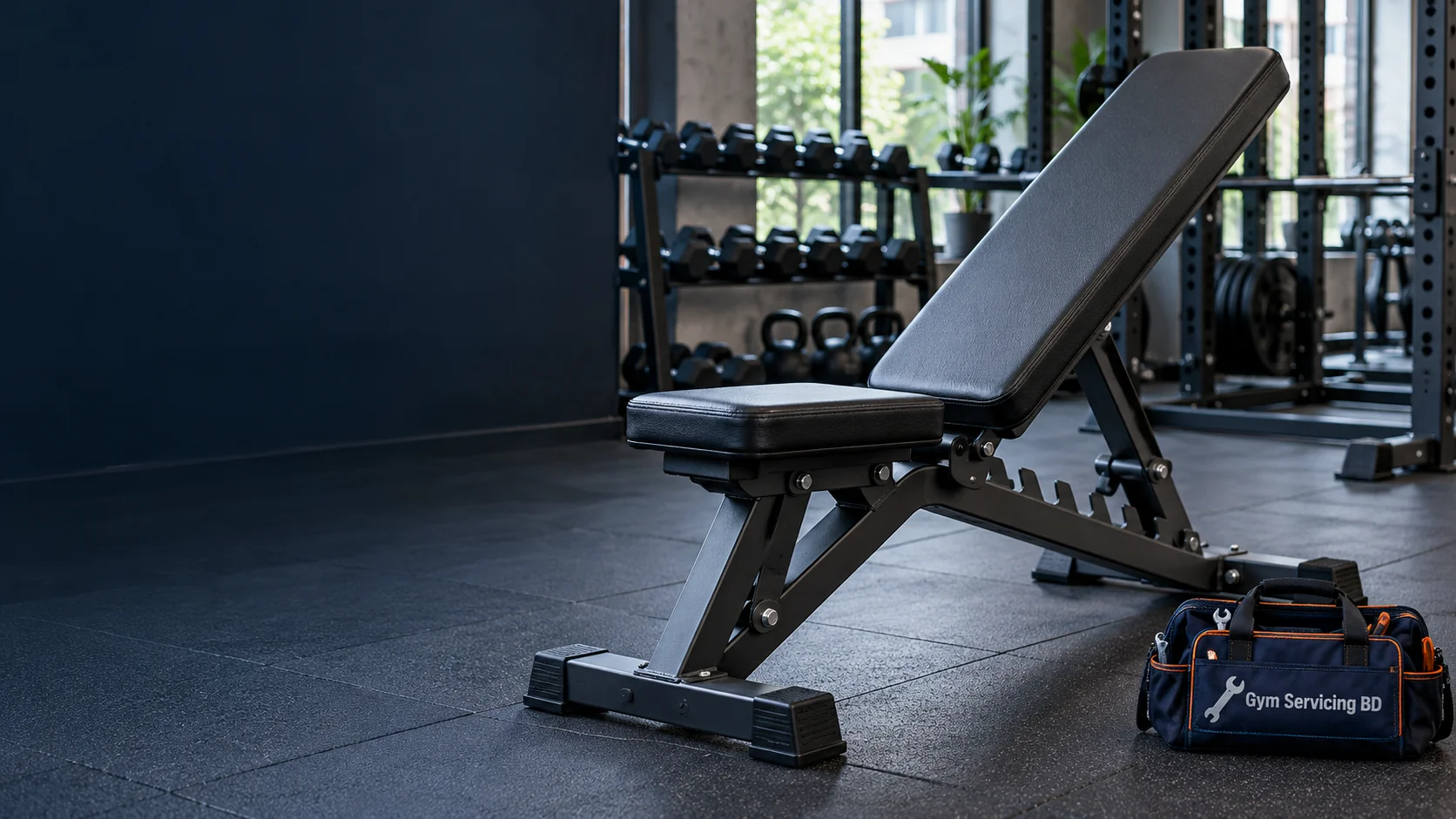 Black adjustable weight bench with seat pad, raised back pad and steel ladder frame in a tidy free-weight room