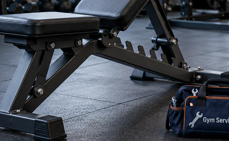 Close view of the adjustment ladder securely supporting an inclined gym bench backrest