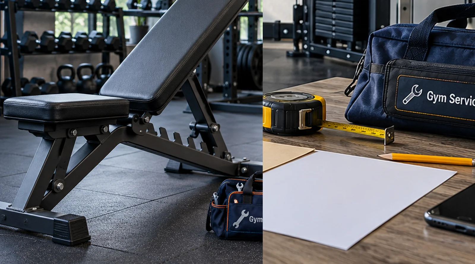 Illustrative two-panel view of an adjustable bench and blank delivery enquiry paperwork with a service bag