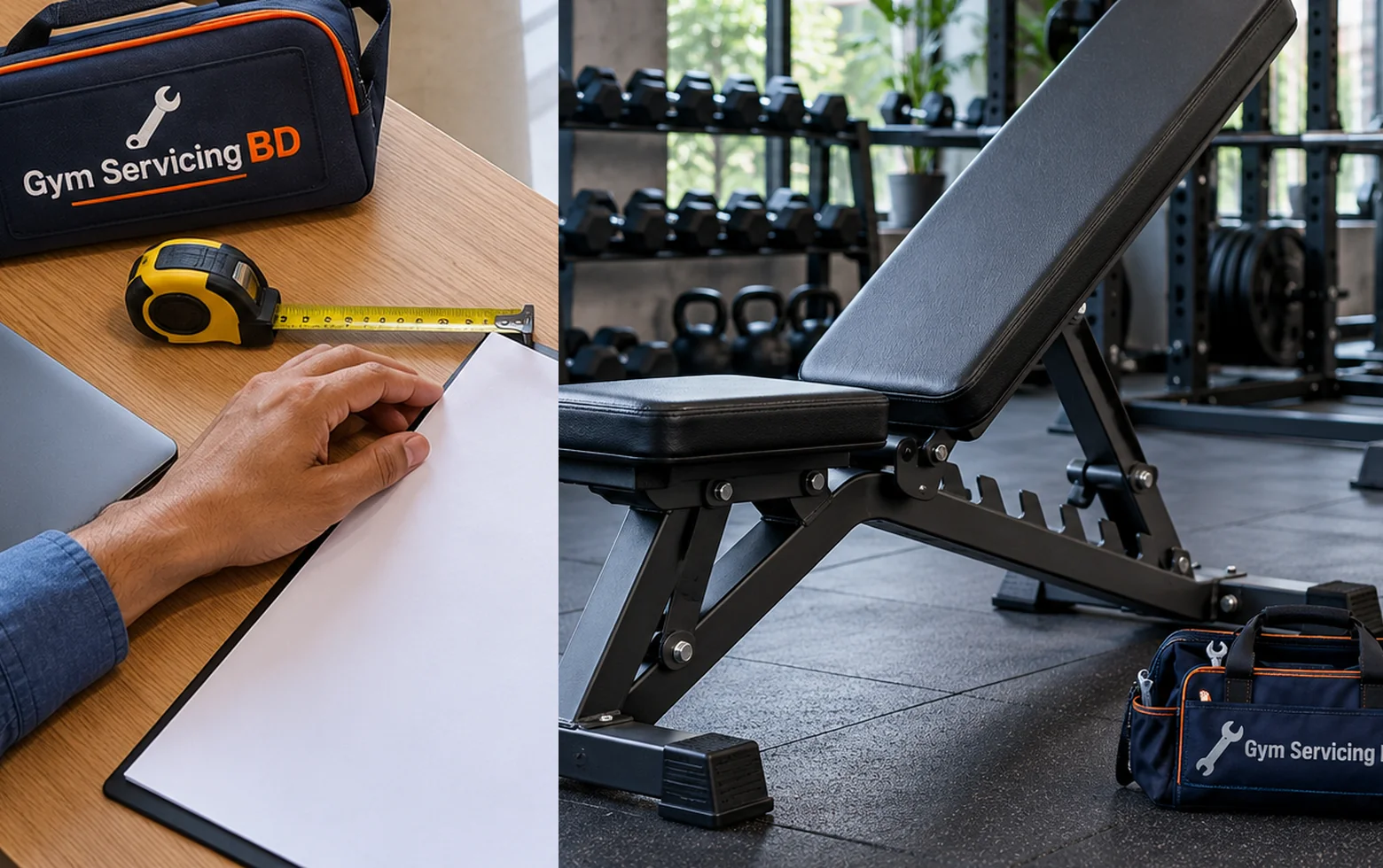 Illustrative two-panel view of a blank specification sheet and an adjustable weight bench