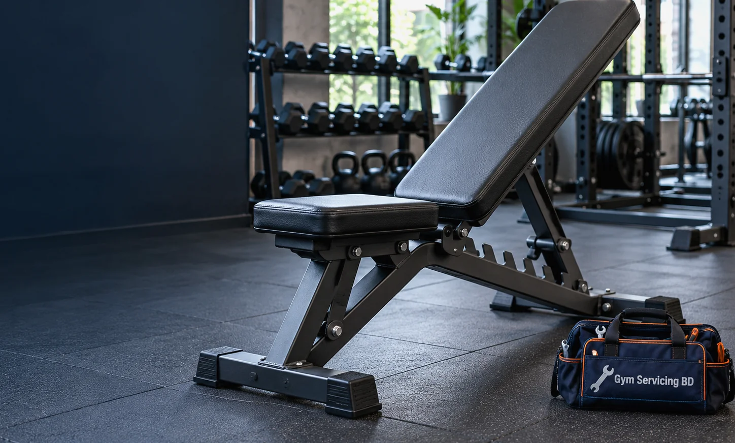Adjustable weight bench in a gym with the frame and surrounding free-weight area visible