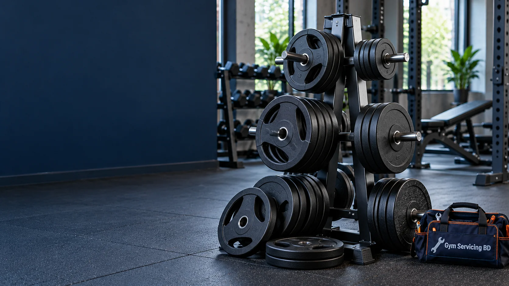 Weight plates in an orderly rack with visible centre openings and a Gym Servicing BD tool bag