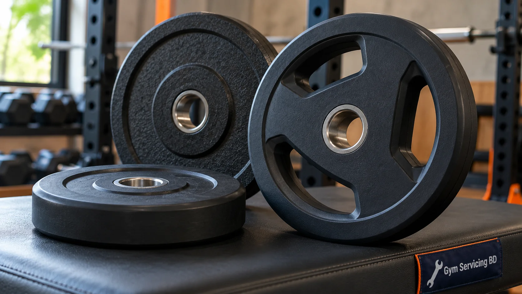 Close-up of rubber-finished and iron-style weight plates showing metal centre bores and plate edge texture