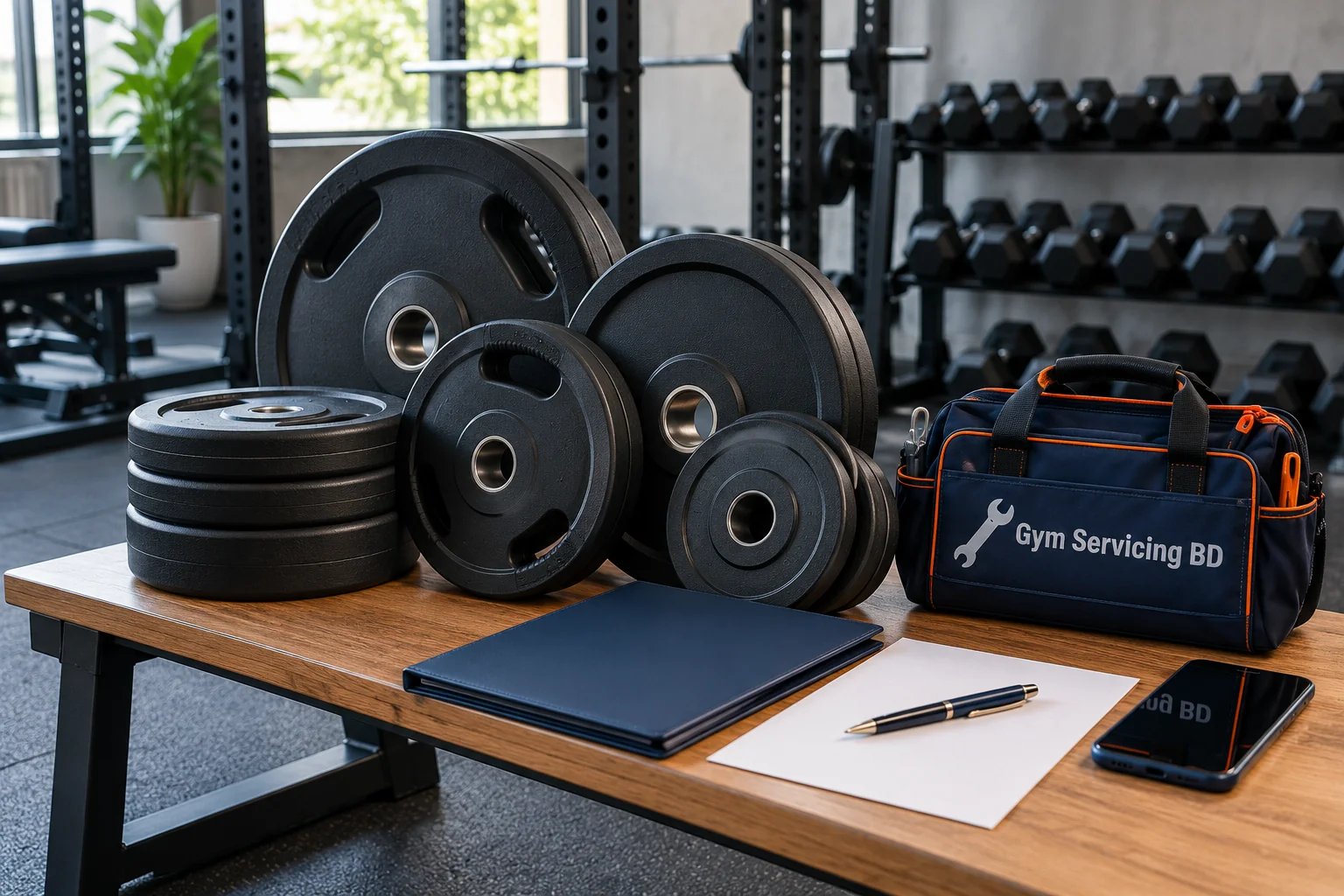 Several unbranded weight plates with a blank delivery folder, phone and Gym Servicing BD service bag