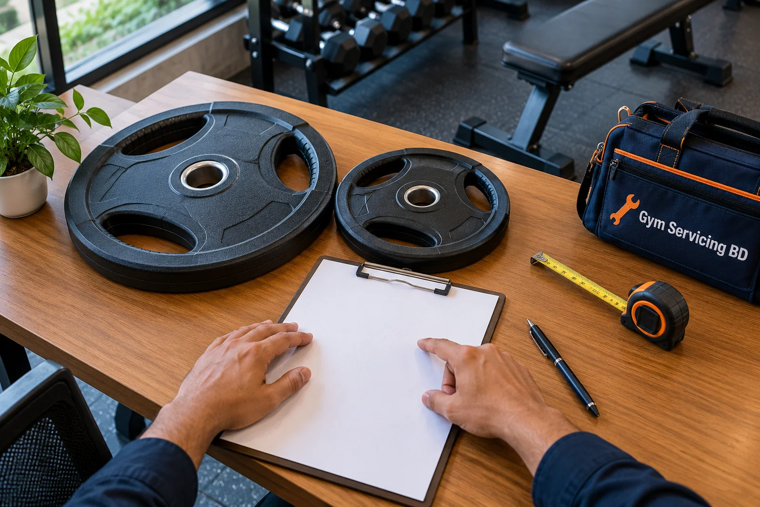 Buyer hands reviewing a blank specification sheet beside two weight plates and a tape measure