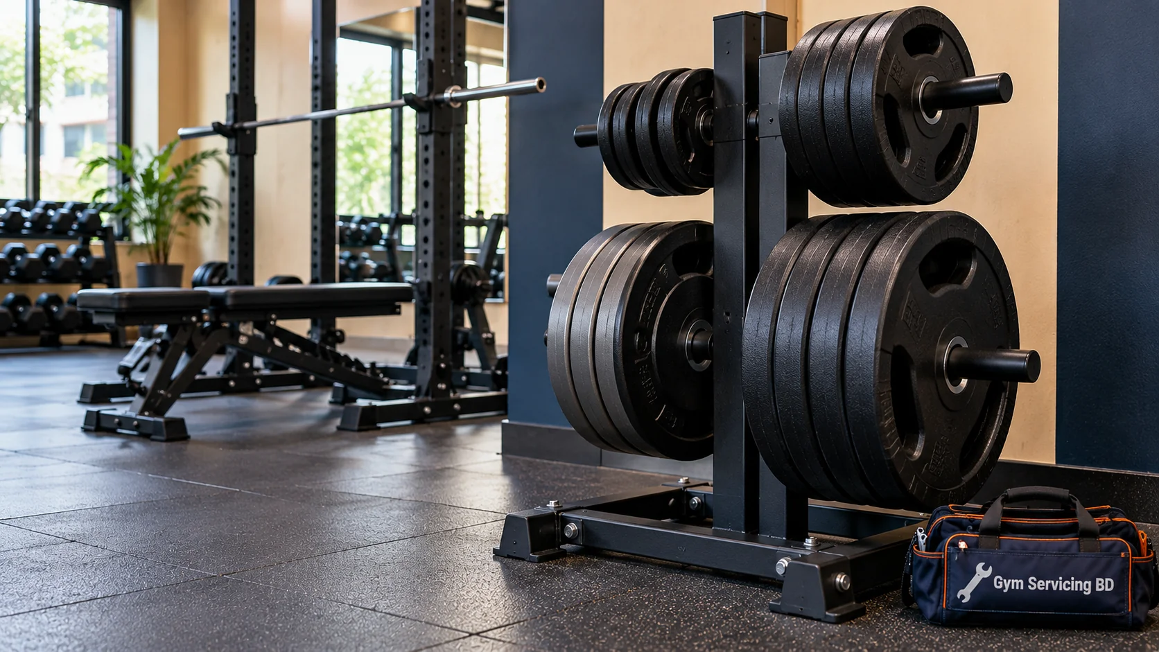 Loaded storage rack of weight plates in a free-weight gym with open floor and nearby benches