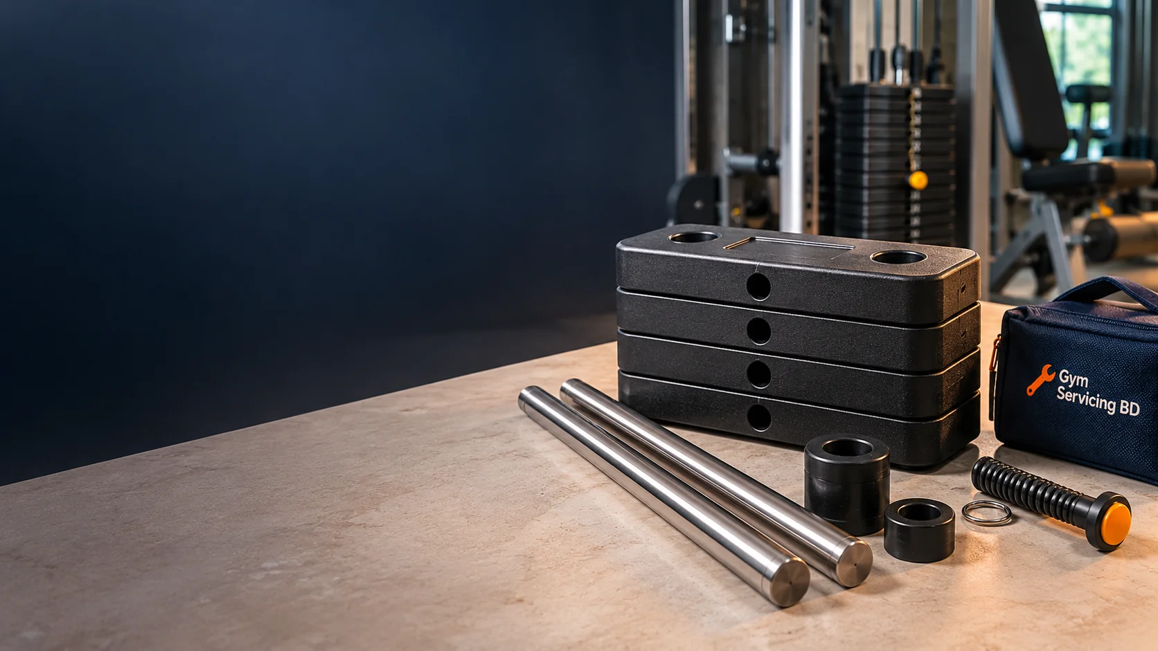 Stack plates, polished guide rods and spacers arranged on a workshop bench with a Gym Servicing BD tool pouch