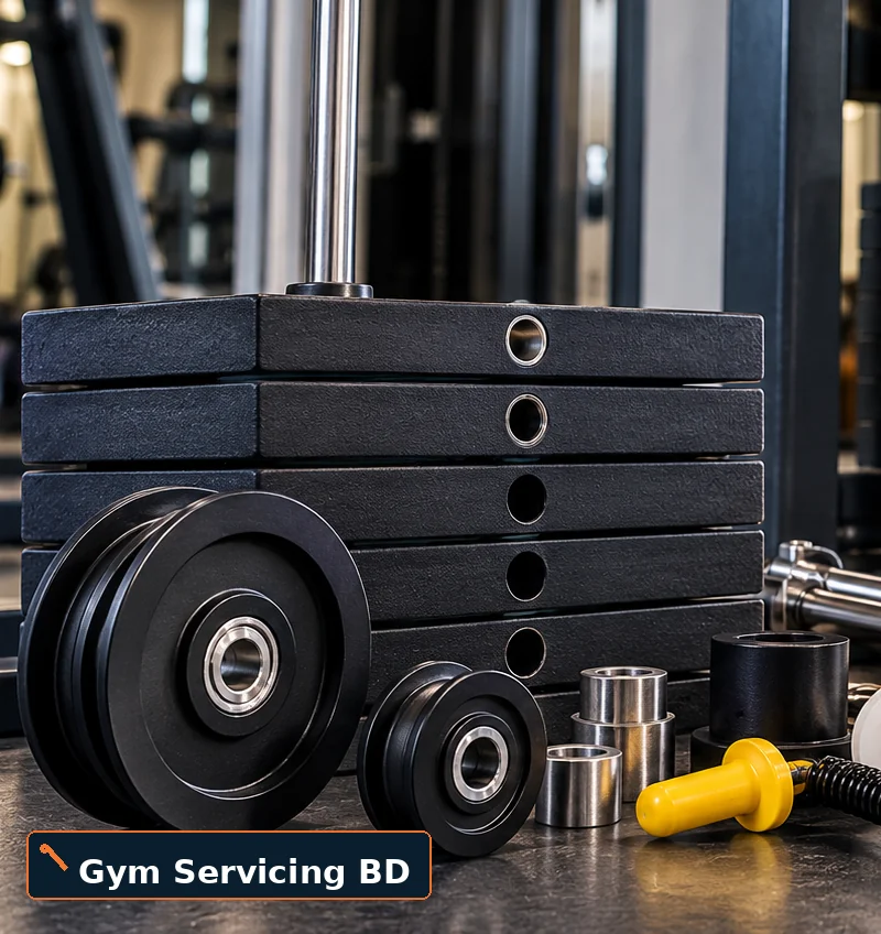 Close-up of black weight-stack plates, a pulley, a guide rod and metal bushings laid out for inspection