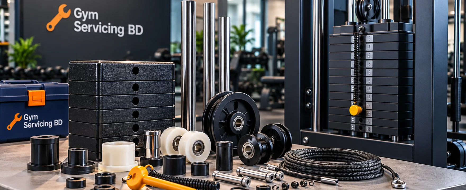 Guide rods, stack plates, bushings and machine components arranged as reference items for a parts enquiry
